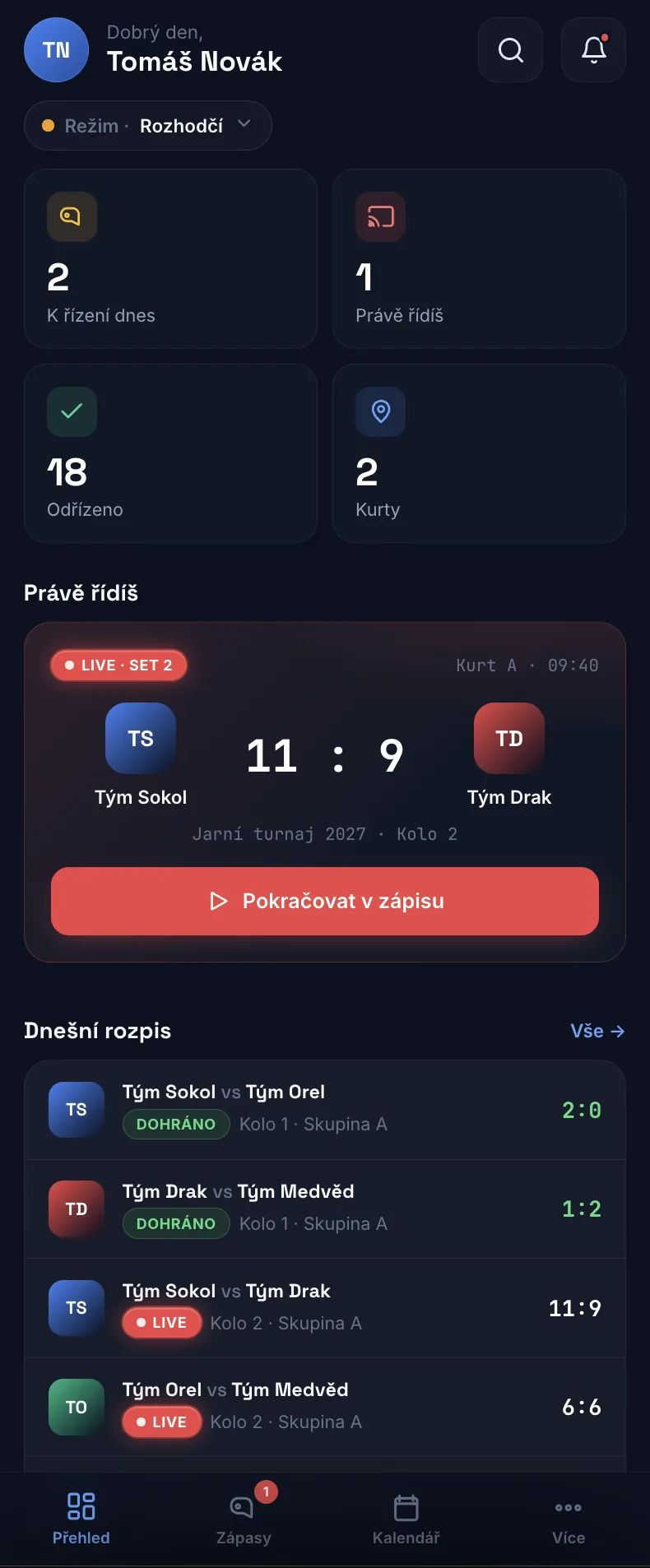 Referee console on a phone - scoring a match